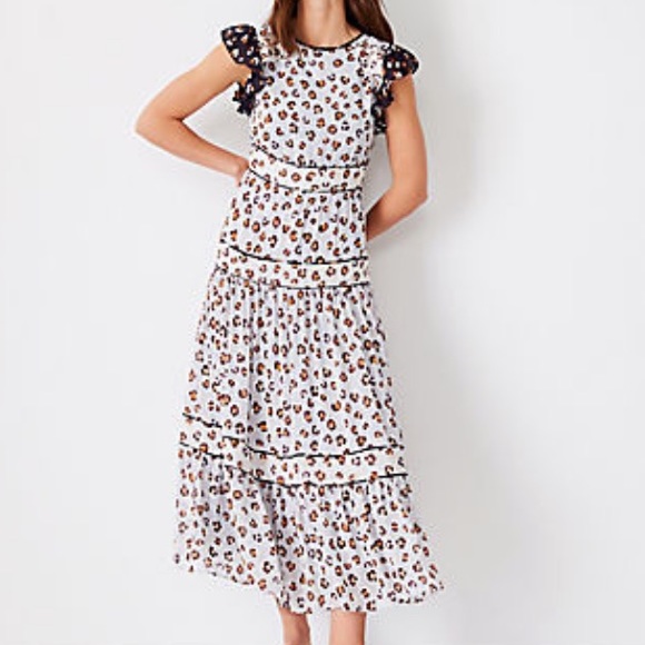 Ann Taylor Mixed Animal Print Ruffle Sleeve Midi Dress in Grey Smoke. - Picture 1 of 7